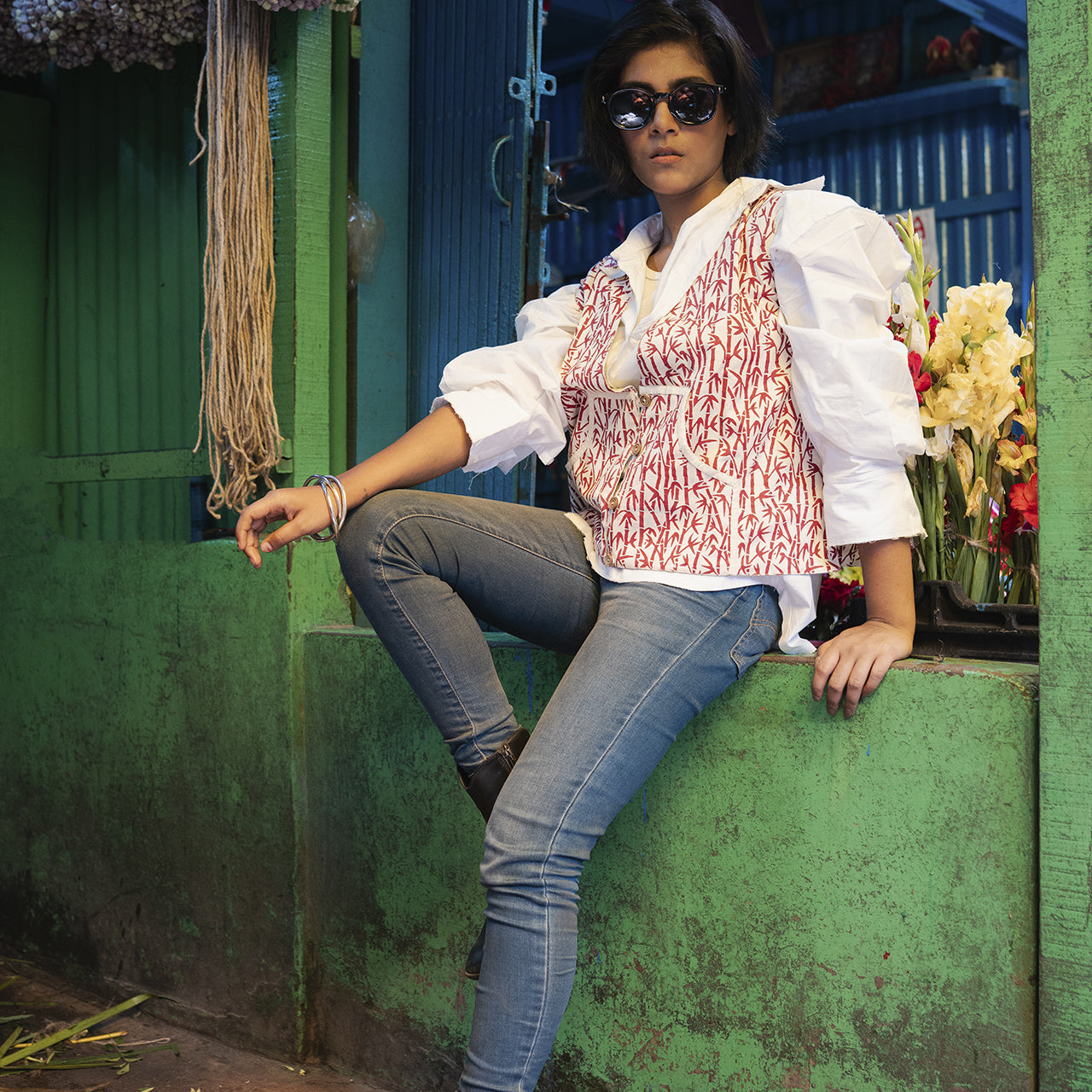 Block Print Reversible Summer Jacket In Leaf Bamboo Pattern