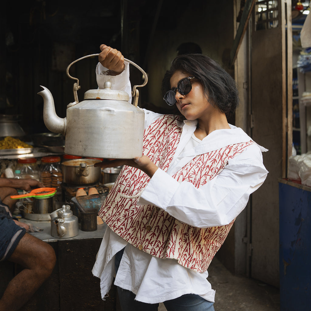 Block Print Reversible Summer Jacket In Leaf Bamboo Pattern
