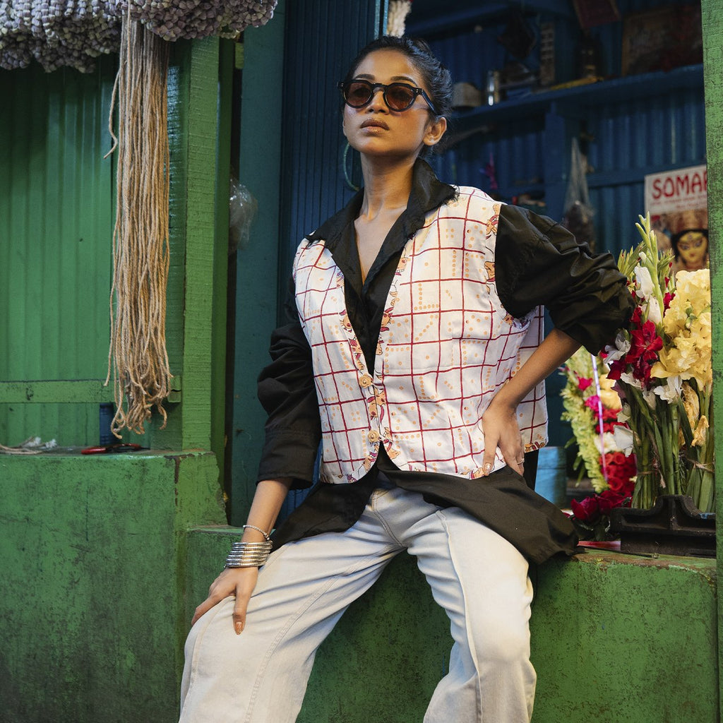 Block Print Reversible Cotton Summer Jacket In Check Cow Print Pattern