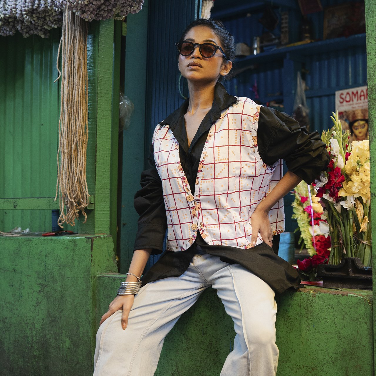 Block Print Reversible Cotton Summer Jacket In Check Cow Print Pattern
