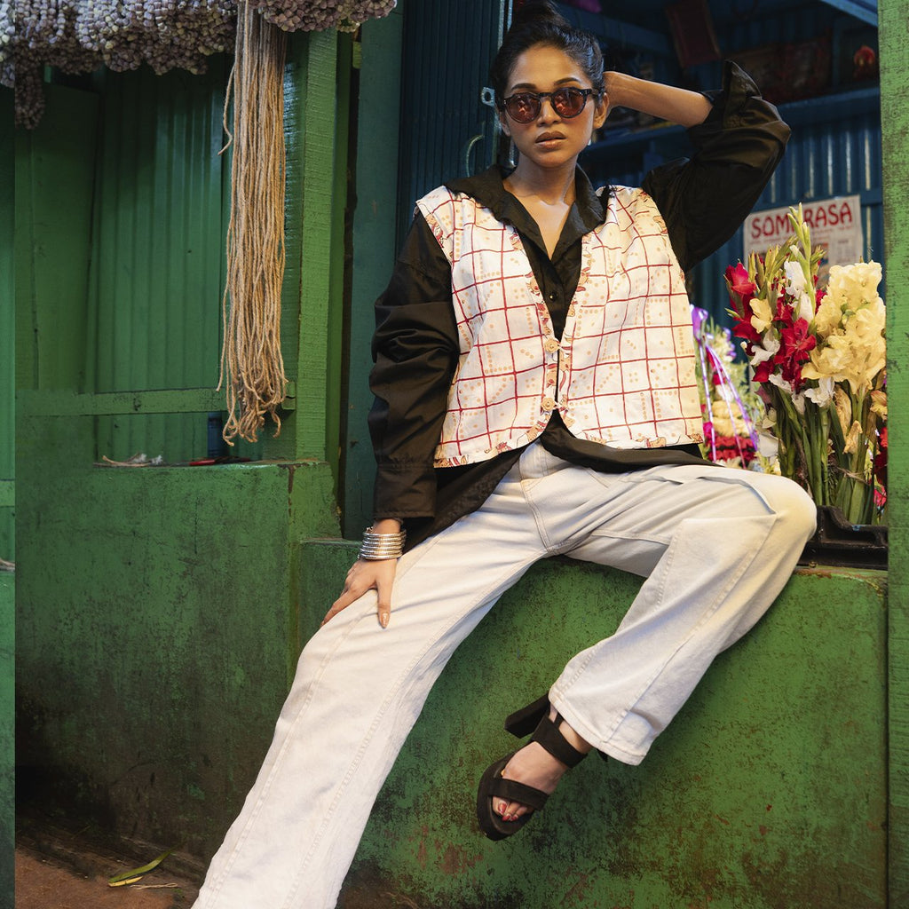 Block Print Reversible Cotton Summer Jacket In Check Cow Print Pattern