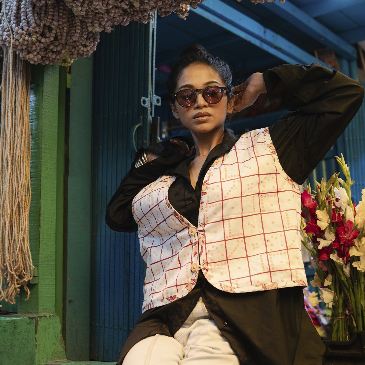 Block Print Reversible Cotton Summer Jacket In Check Cow Print Pattern