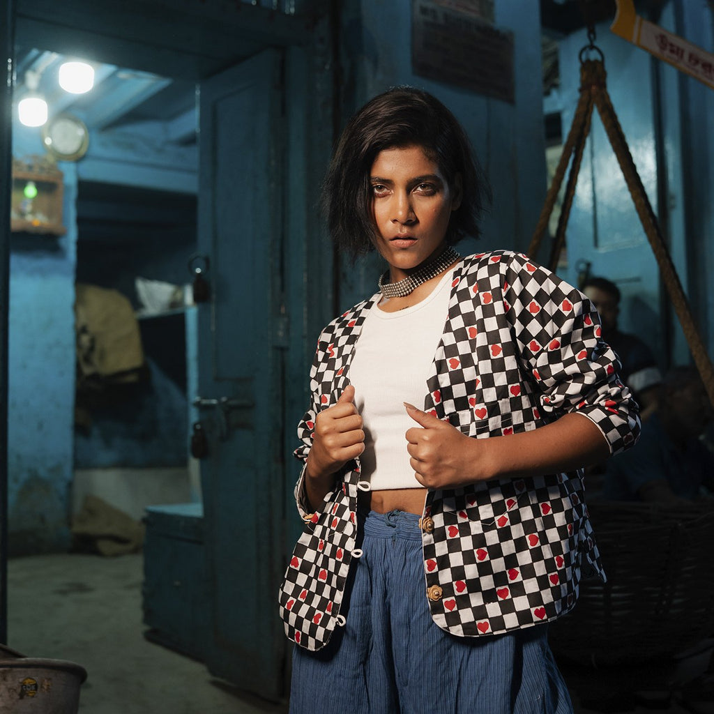 Block Printed Reversible Cotton Summer Jacket Check Heart Pattern