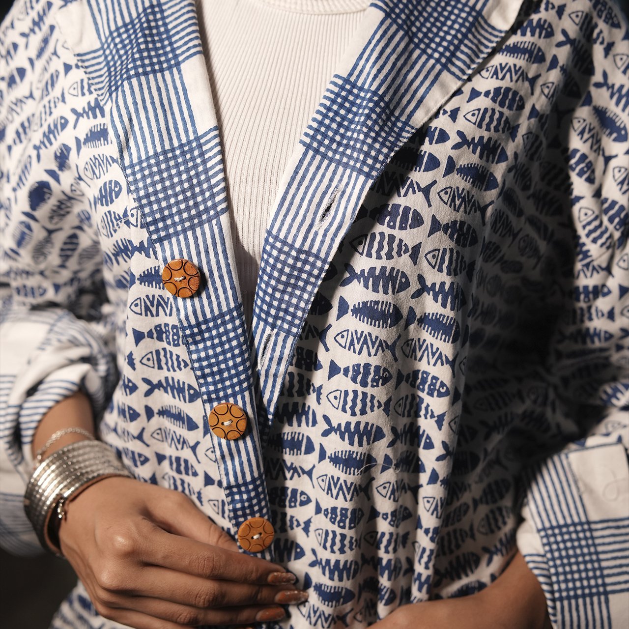 Block Print Reversible Cotton Summer Jacket Fish And Stripe Pattern