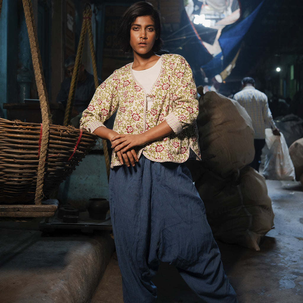 Block Printed Summer Jacket In Floral And Stripe Pattern