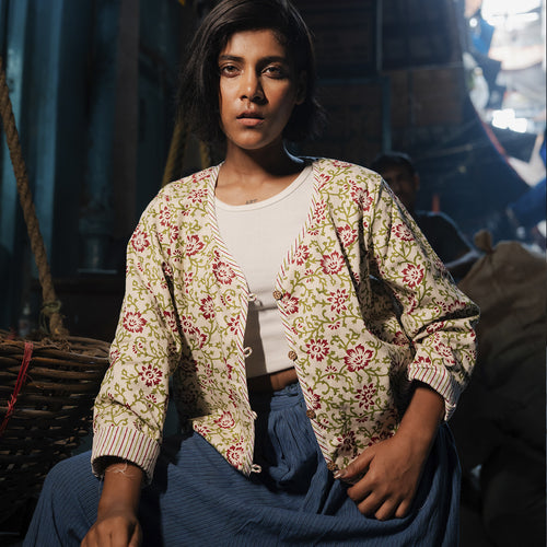 Block Printed Summer Jacket In Floral And Stripe Pattern