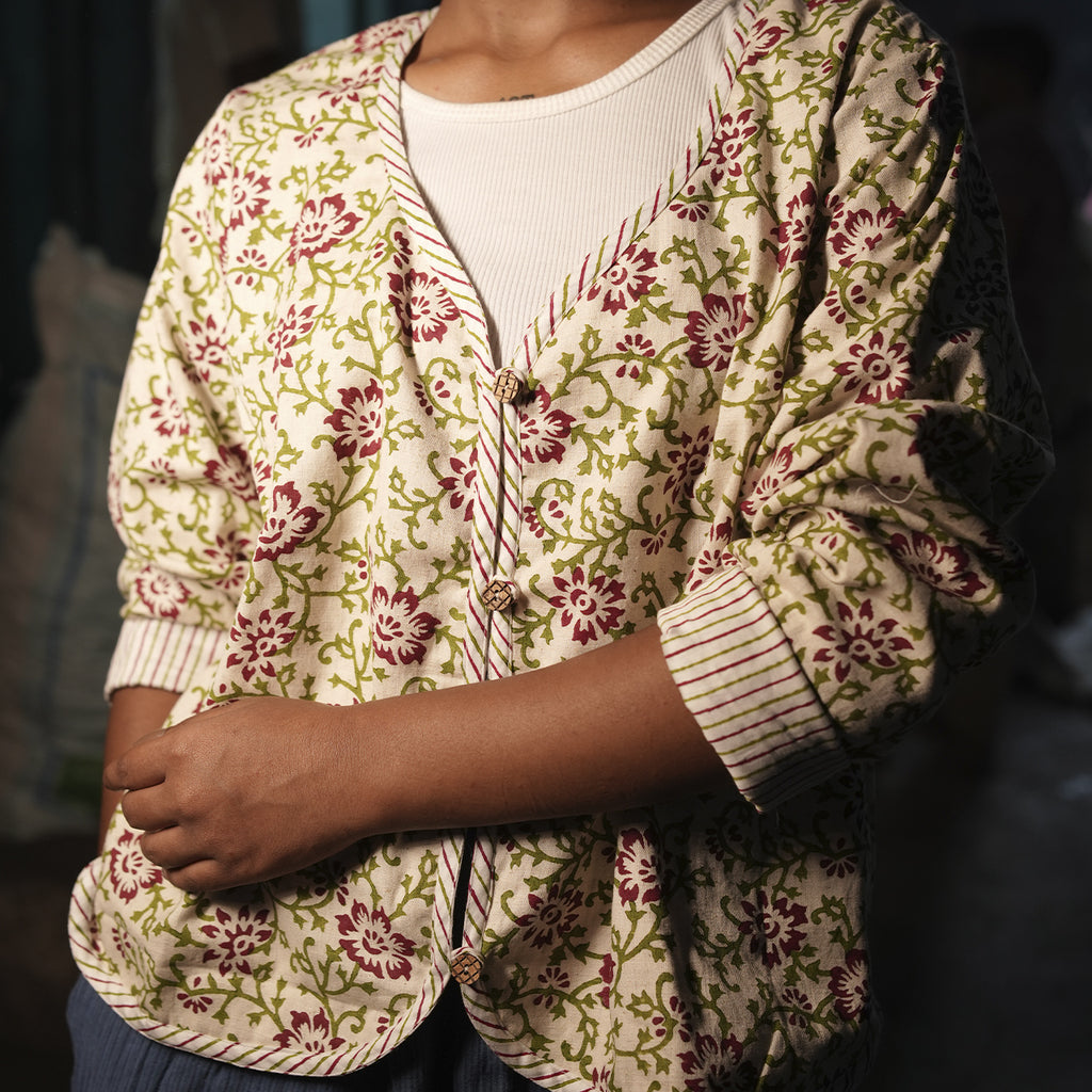Block Printed Summer Jacket In Floral And Stripe Pattern