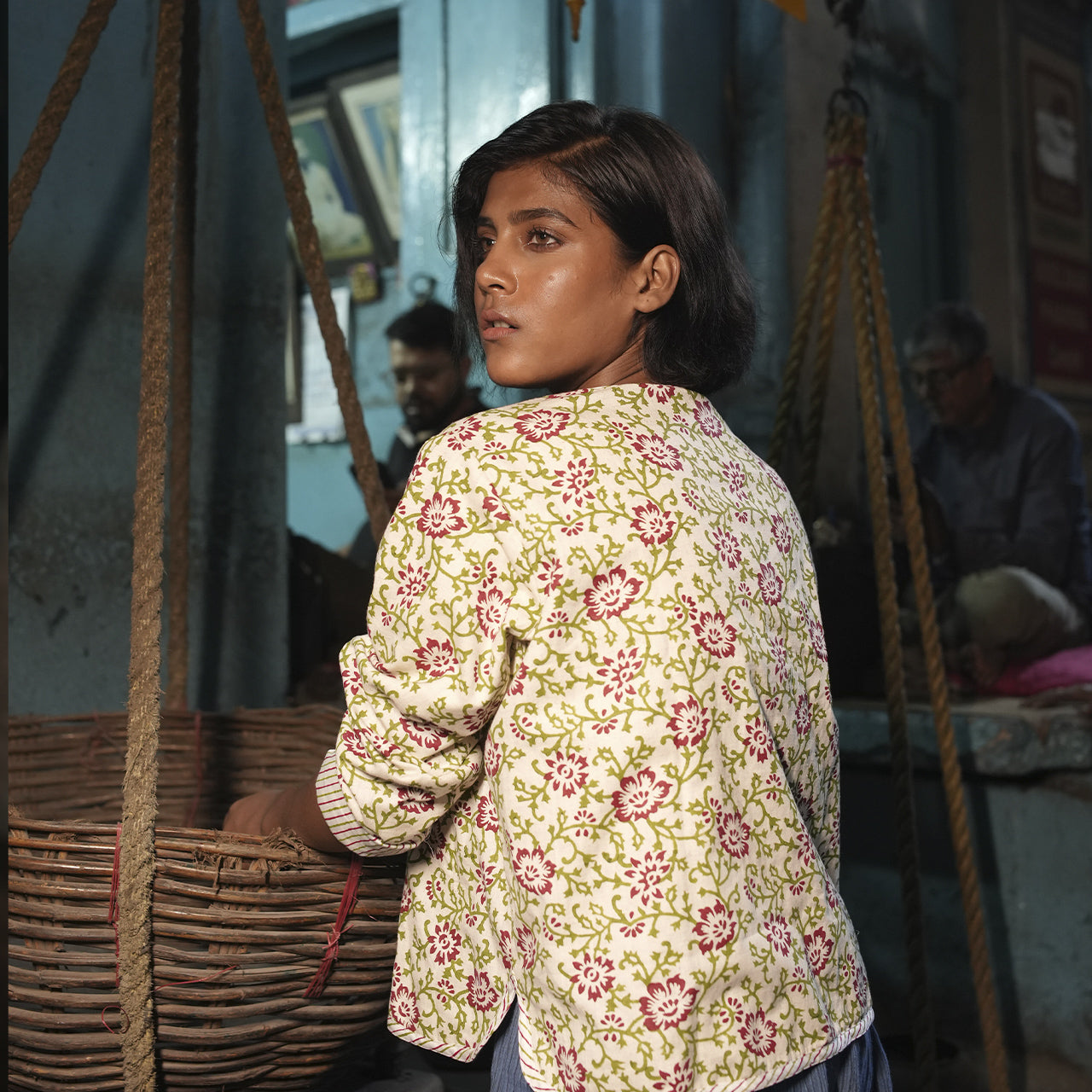 Block Printed Summer Jacket In Floral And Stripe Pattern