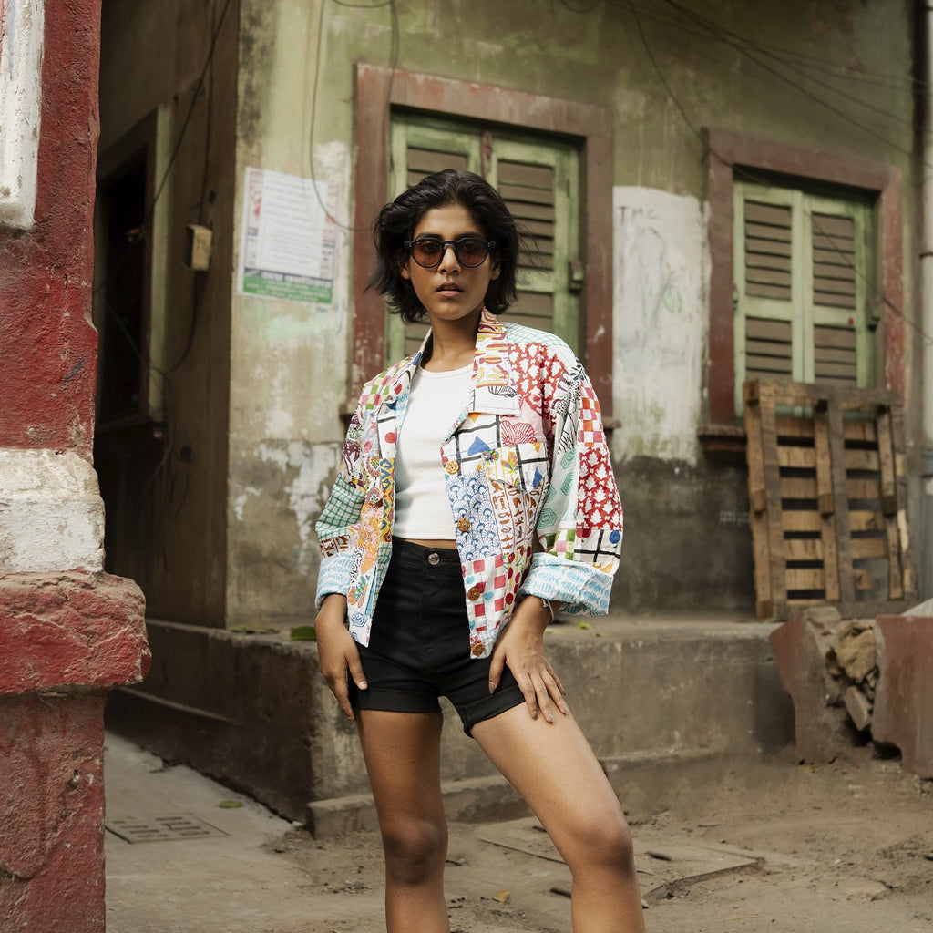 Block Printed Cotton Summer Jacket In Patch Work