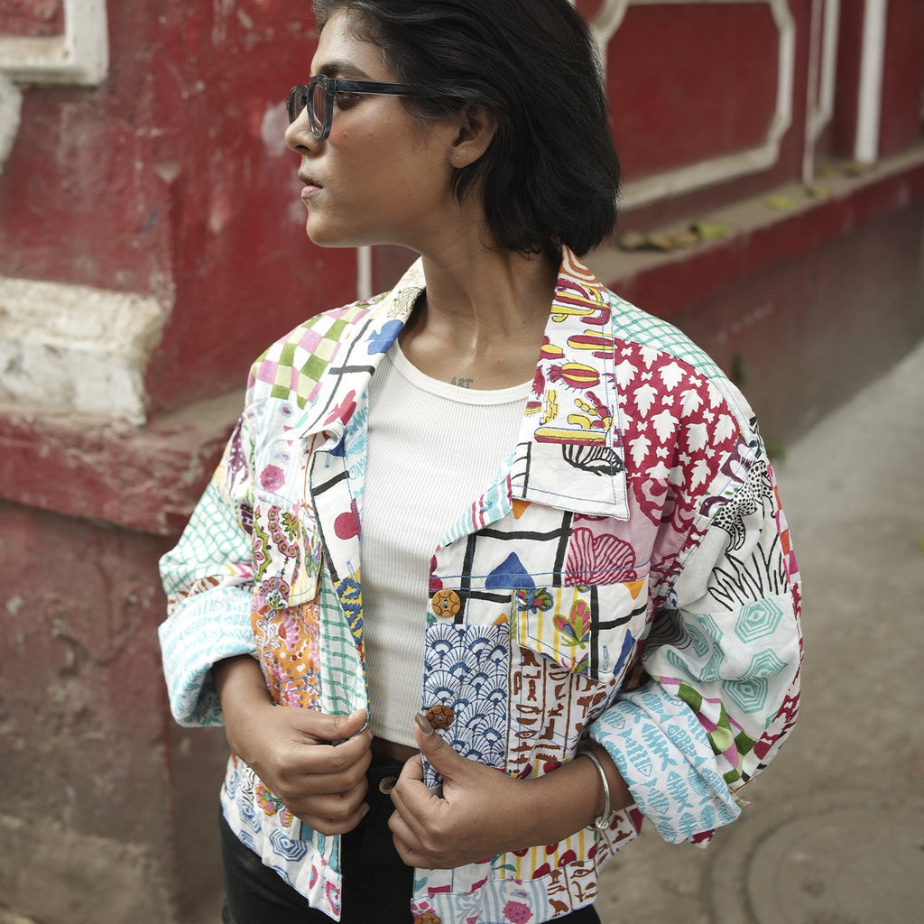 Block Printed Cotton Summer Jacket In Patch Work