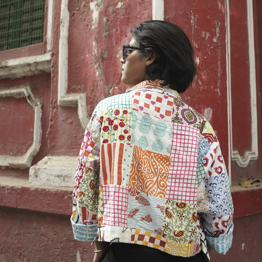 Block Printed Cotton Summer Jacket In Patch Work