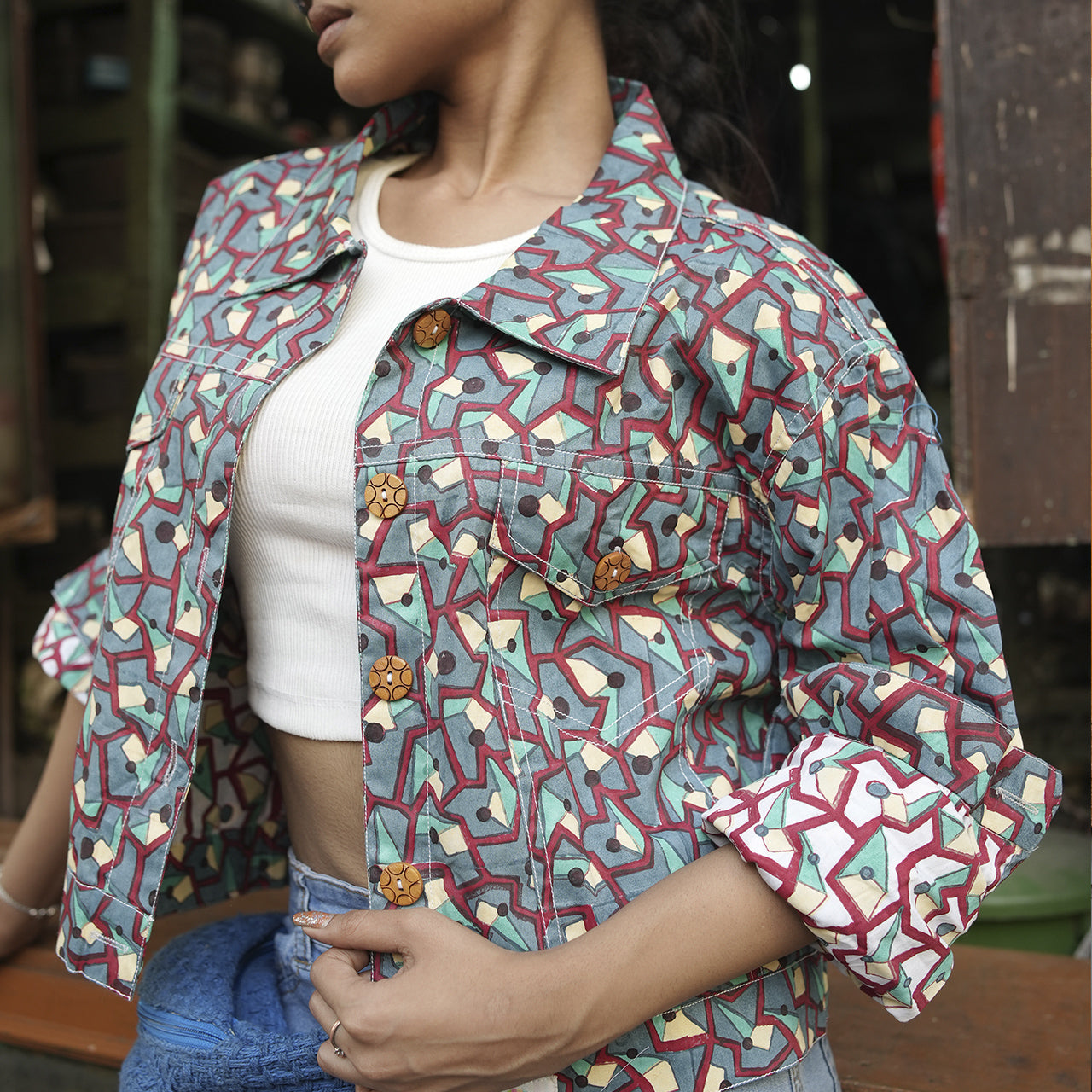 Block Printed Cotton Summer Jacket In Abstract Print