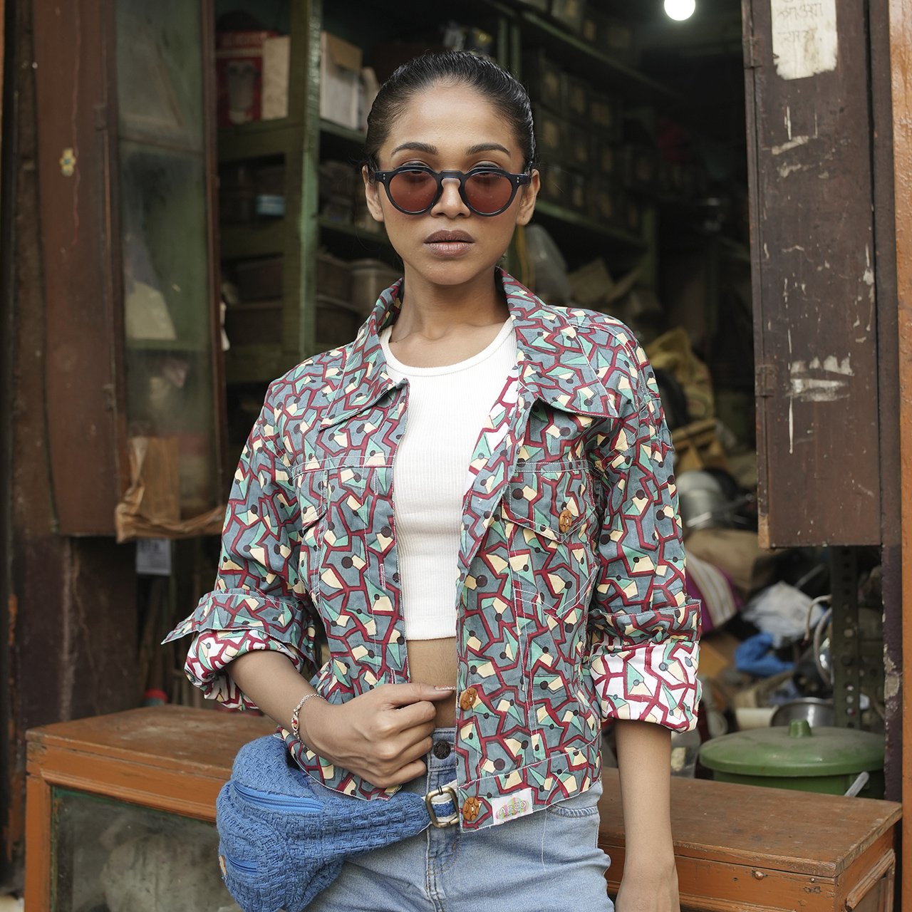 Block Printed Cotton Summer Jacket In Abstract Print