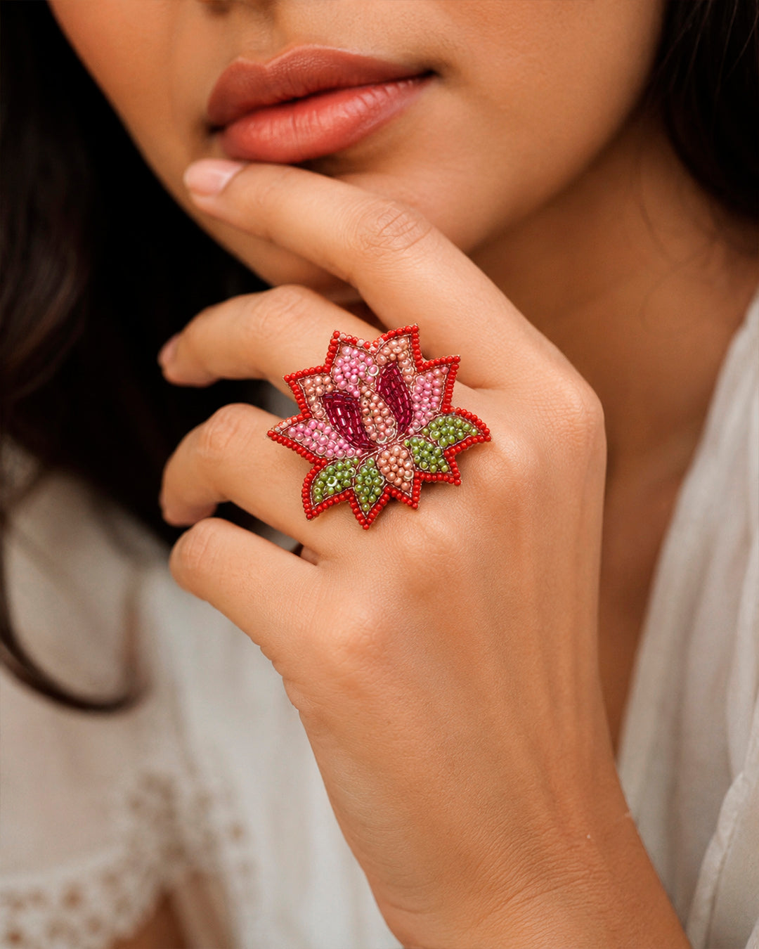 Pink Lotus Beaded Ring