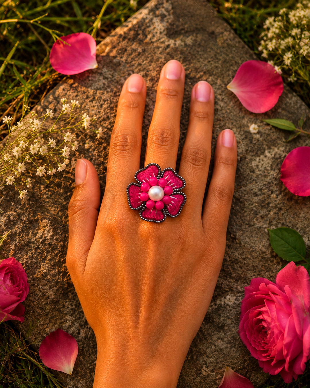 Moti Resham Flower Ring