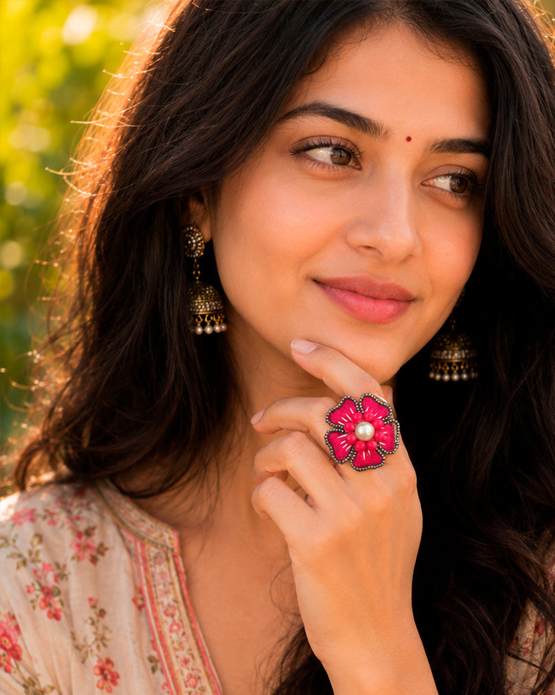 Moti Resham Flower Ring