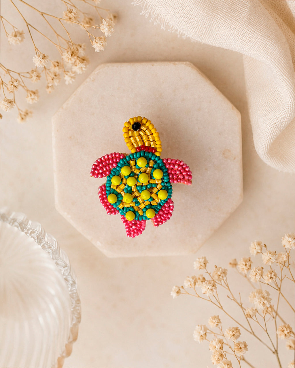Pink and Yellow Turtle Beaded Ring