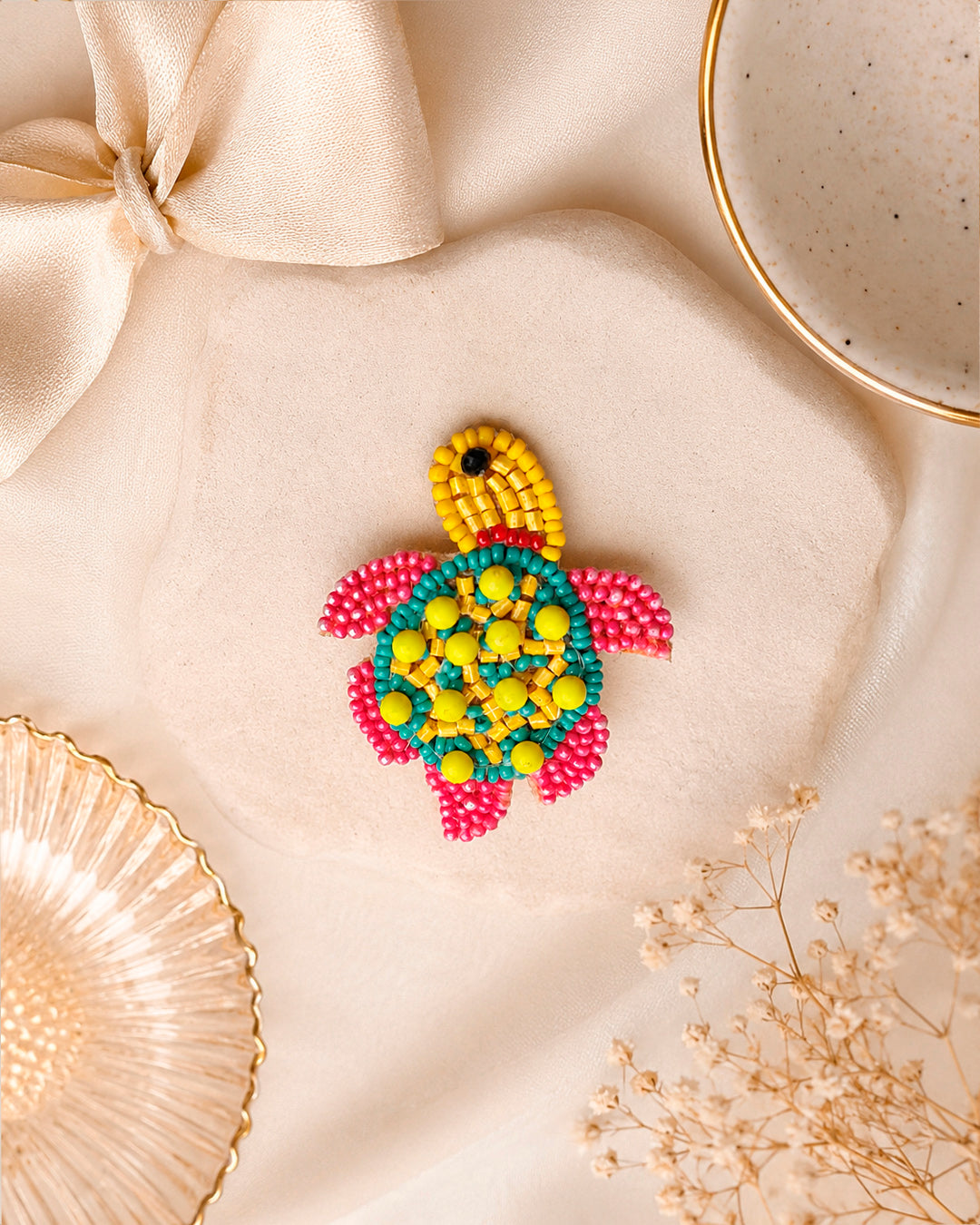 Pink and Yellow Turtle Beaded Ring