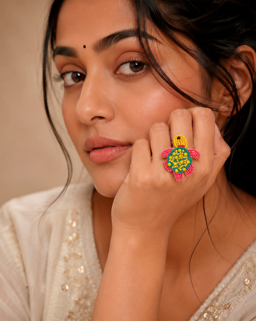 Pink and Yellow Turtle Beaded Ring