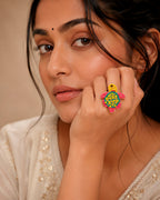 Pink and Yellow Turtle Beaded Ring