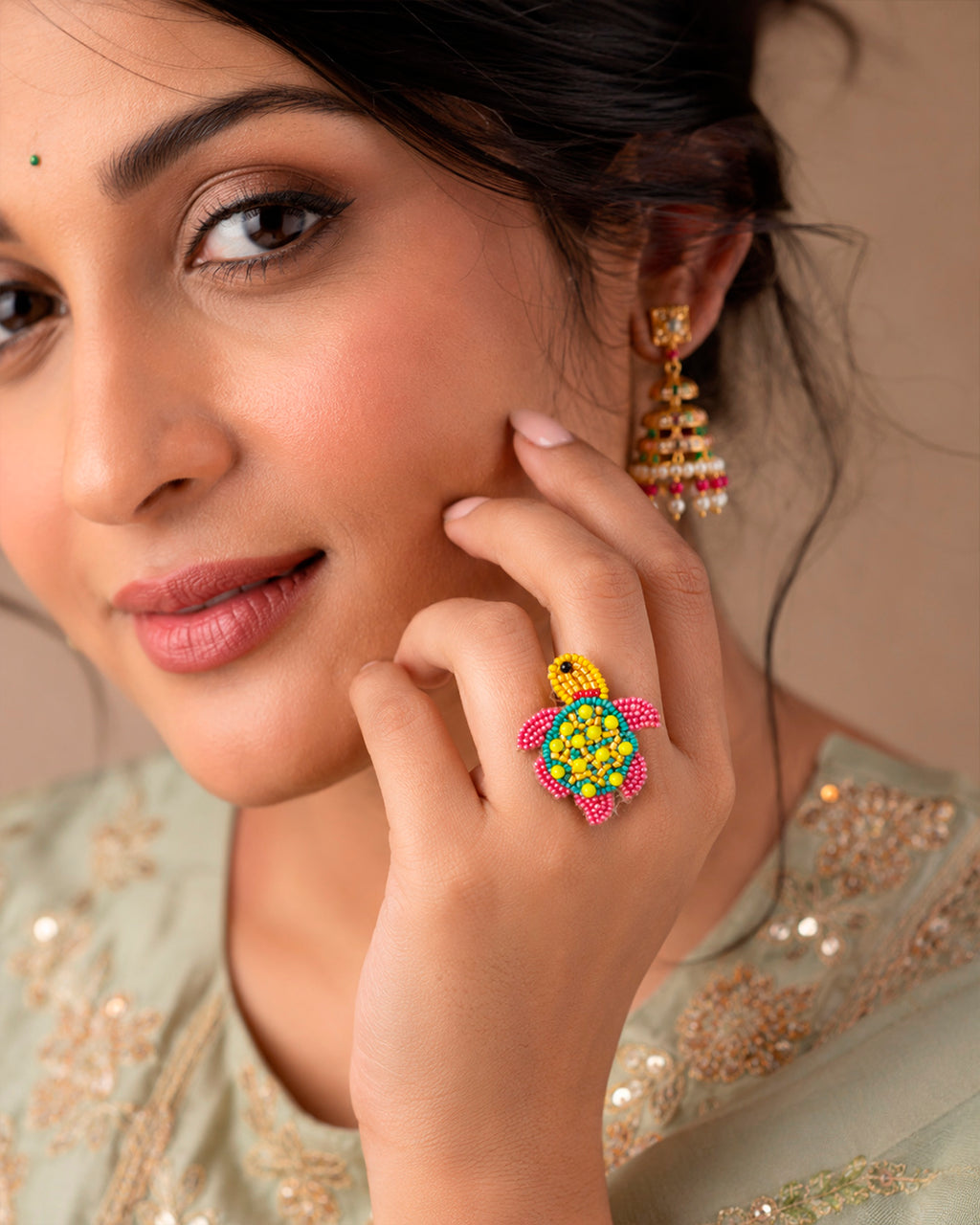 Pink and Yellow Turtle Beaded Ring
