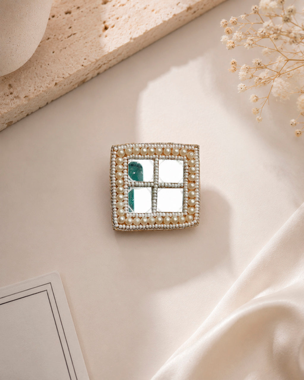 White beaded Mirror Work Square ring