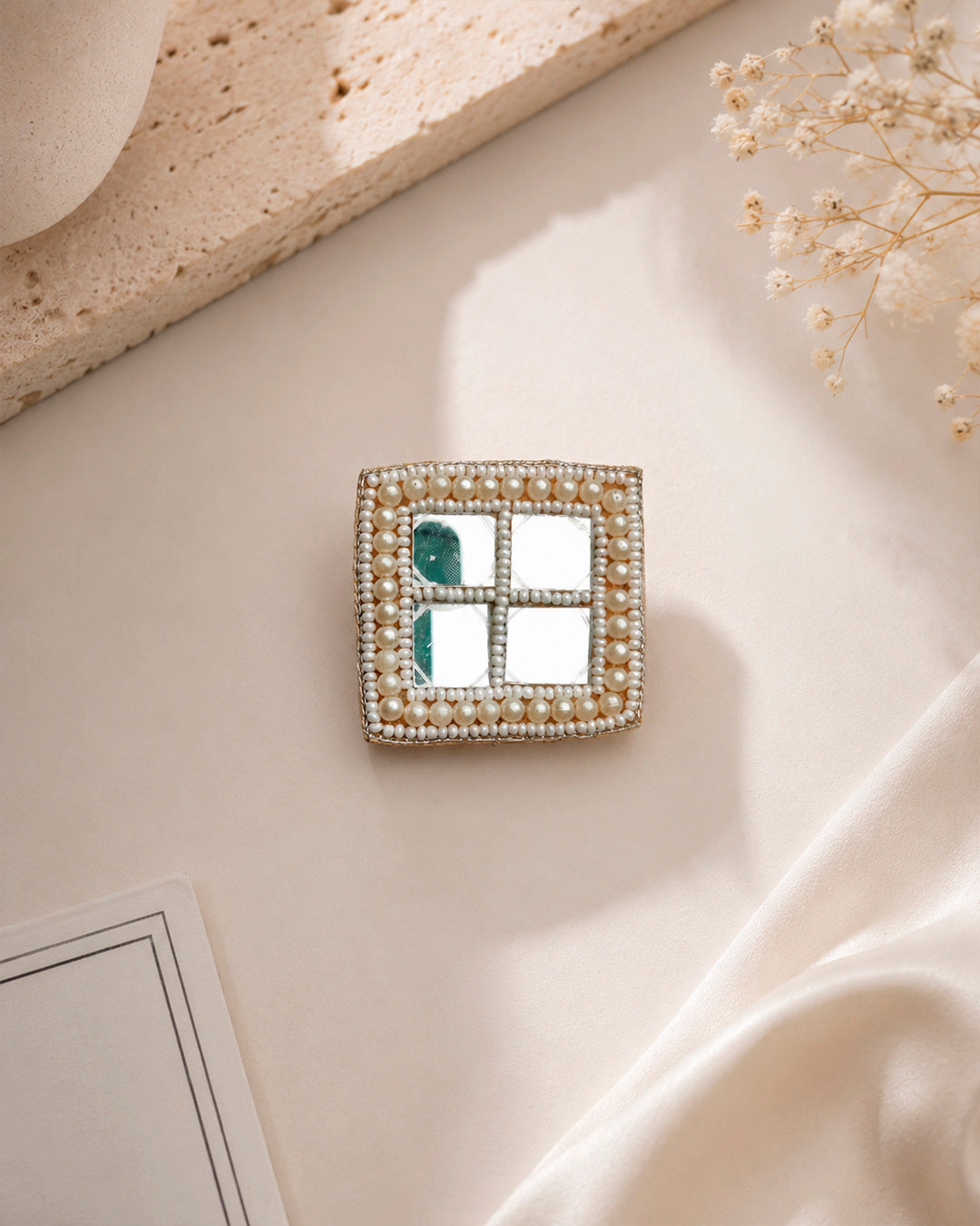 White beaded Mirror Work Square ring