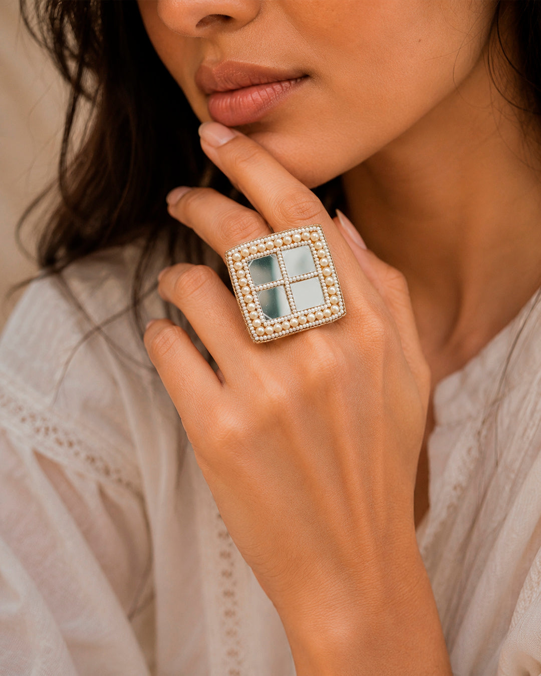 White beaded Mirror Work Square ring