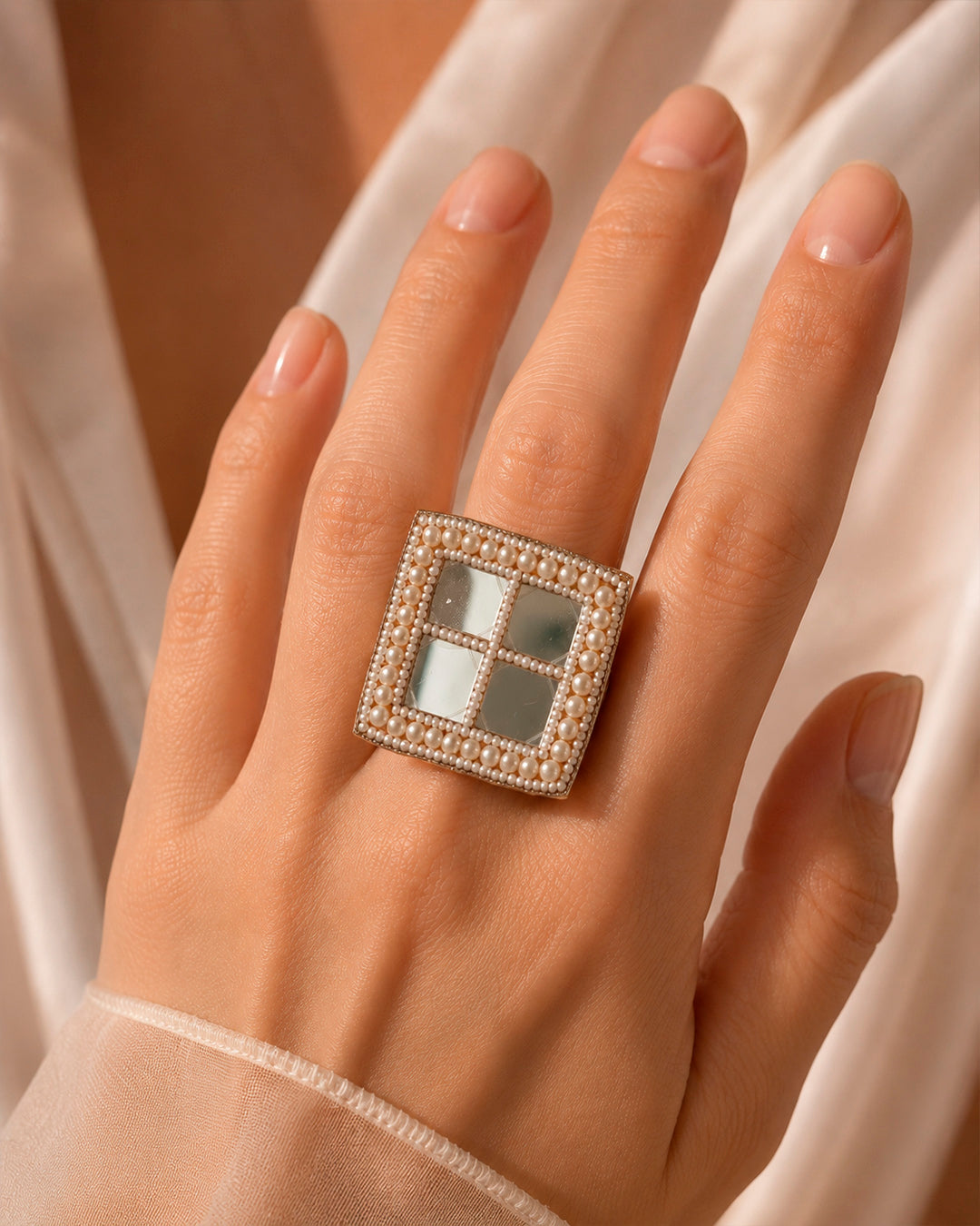White beaded Mirror Work Square ring