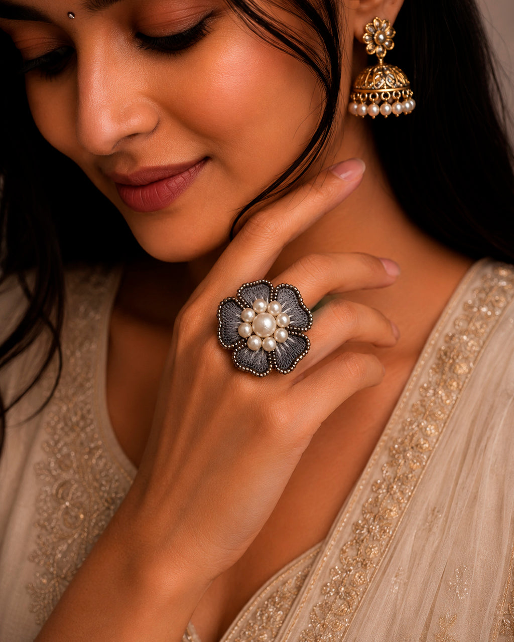 Moti Resham Flower Ring