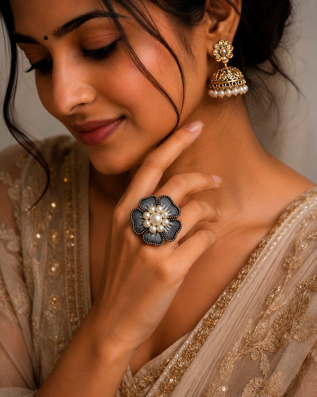 Moti Resham Flower Ring
