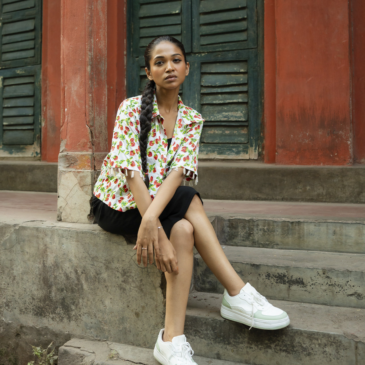 Cotton Half Shirt In Quirky Strawberry Print With Embroidery Highlights