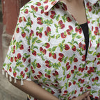 Cotton Half Shirt In Quirky Strawberry Print With Embroidery Highlights