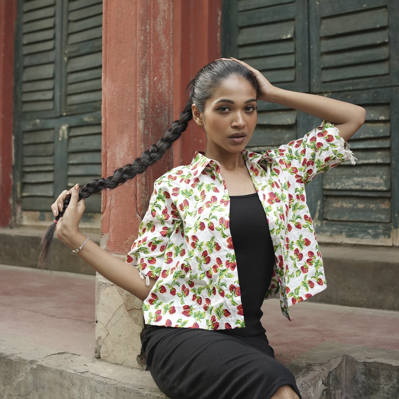 Cotton Half Shirt In Quirky Strawberry Print With Embroidery Highlights
