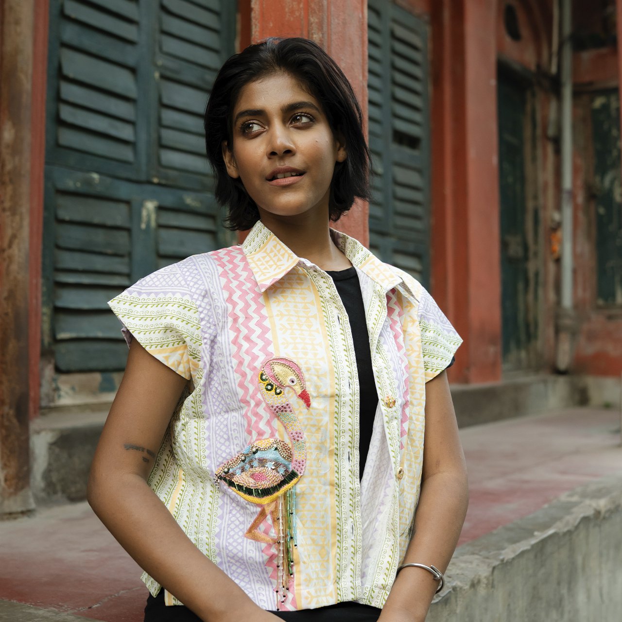 Flamingo Embroidery Women Cotton Shirt