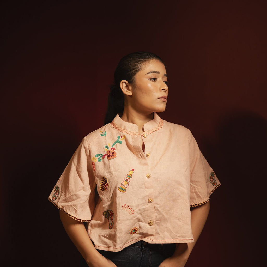 Womens Peach Flare Sleeves Blouse Shirt