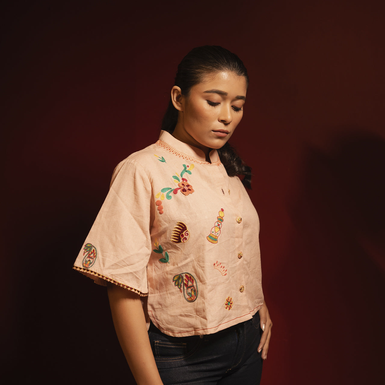 Womens Peach Flare Sleeves Blouse Shirt