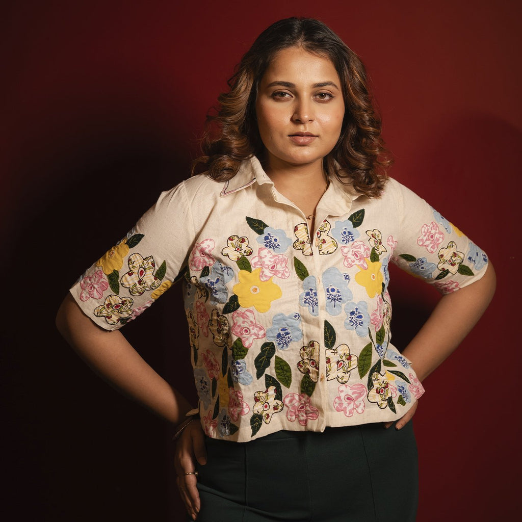 Beige Floral Hand Embroidered Applique Shirt And Blouse