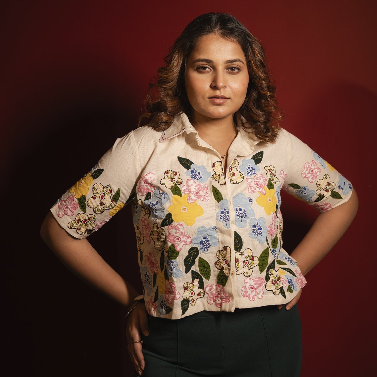 Beige Floral Hand Embroidered Applique Shirt And Blouse