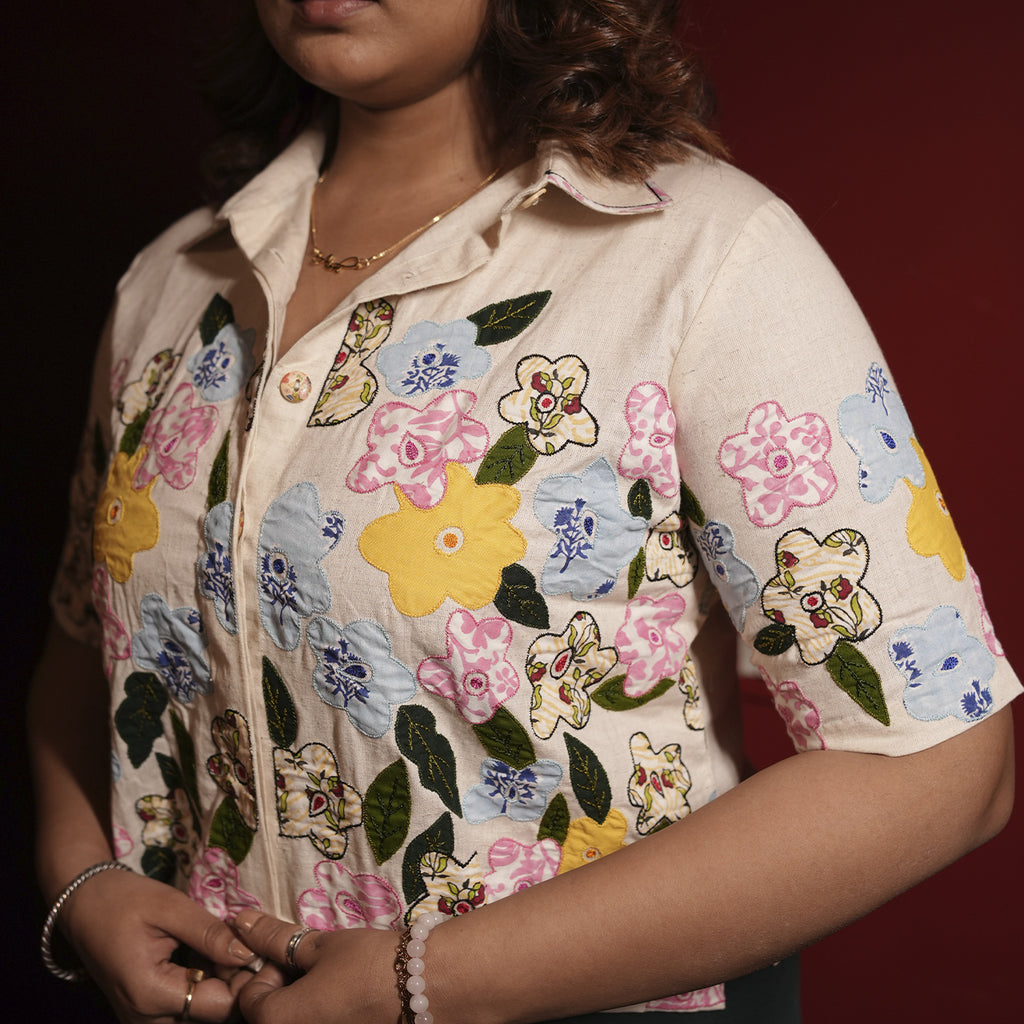 Beige Floral Hand Embroidered Applique Shirt And Blouse