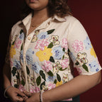 Beige Floral Hand Embroidered Applique Shirt And Blouse