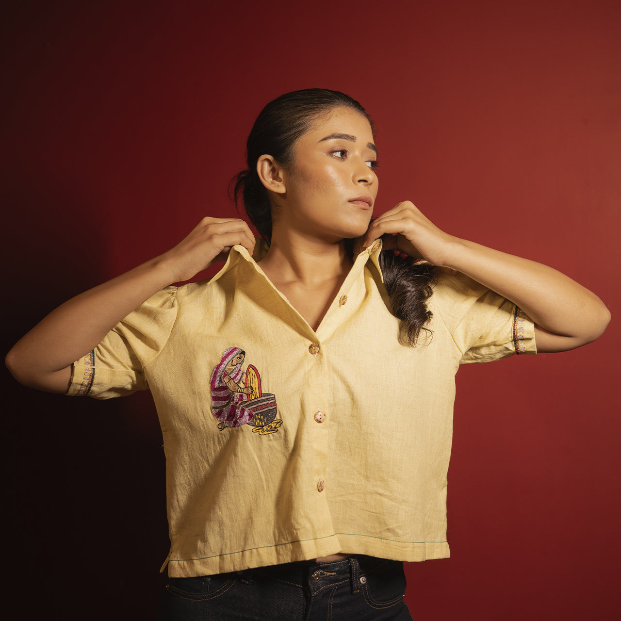 Yellow Puff Sleeves Womens Shirt Blouse