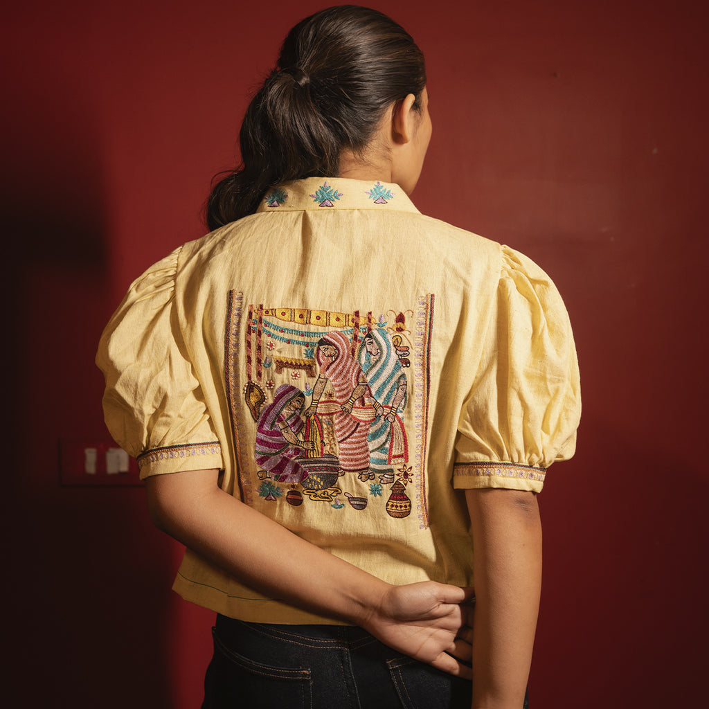 Yellow Puff Sleeves Womens Shirt Blouse