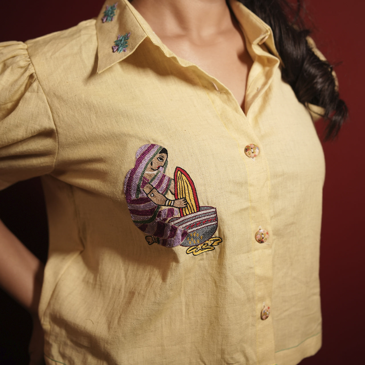 Yellow Puff Sleeves Womens Shirt Blouse