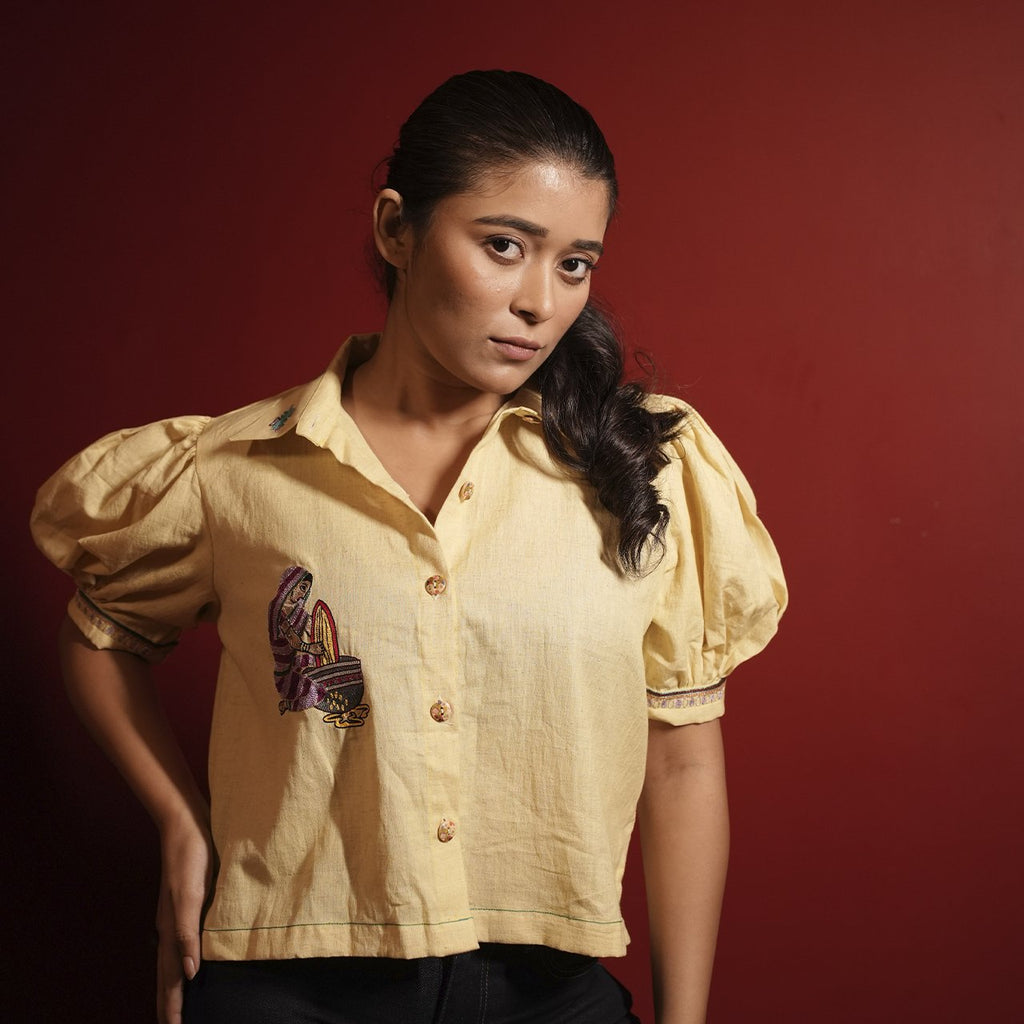 Yellow Puff Sleeves Womens Shirt Blouse