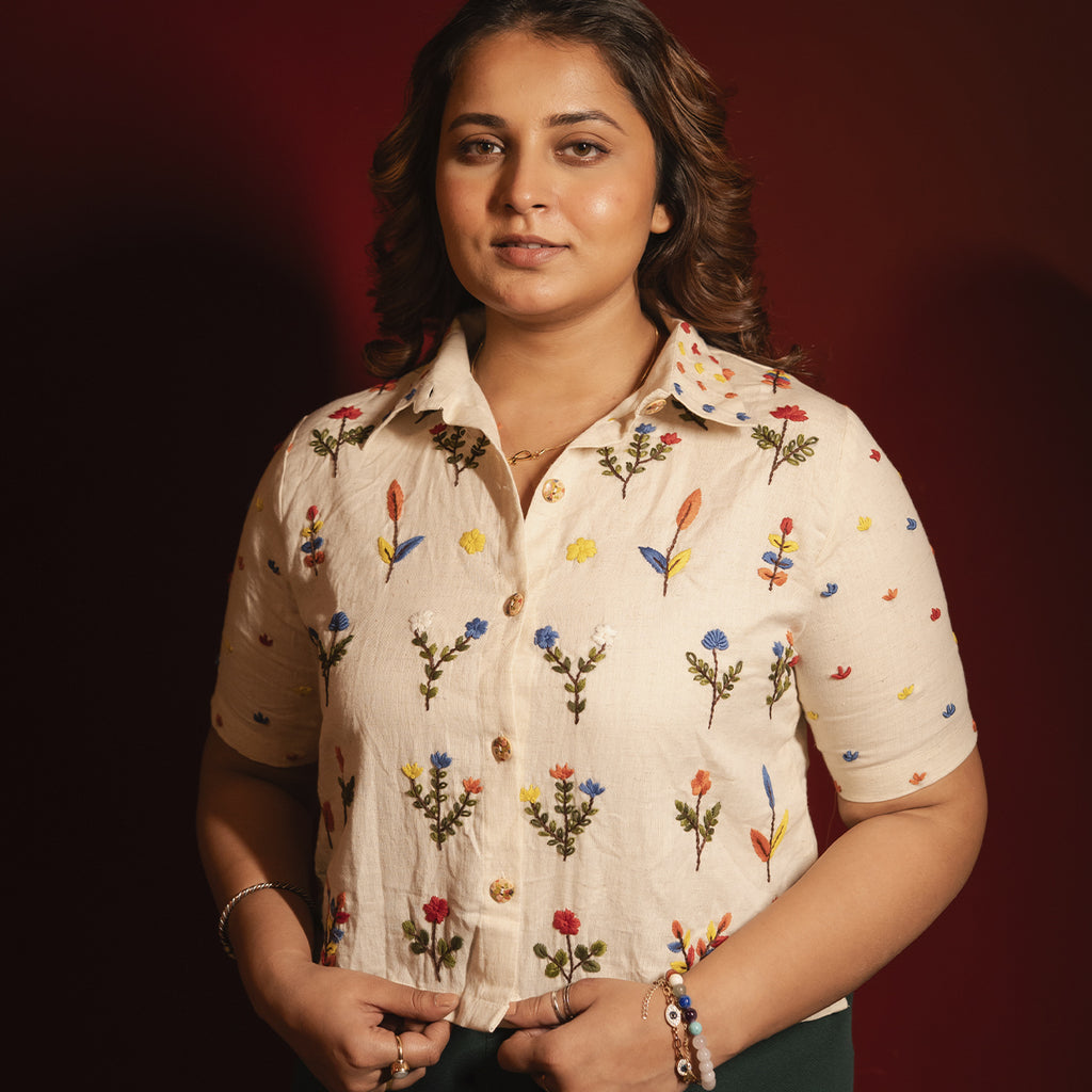 Womens Floral Hand Embroidered Blouse Shirt