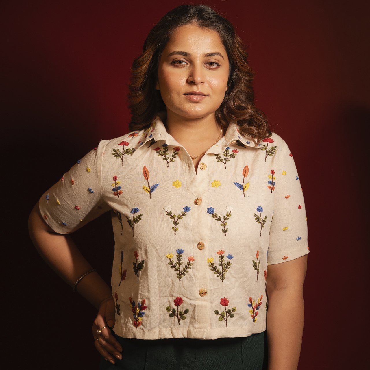 Womens Floral Hand Embroidered Blouse Shirt