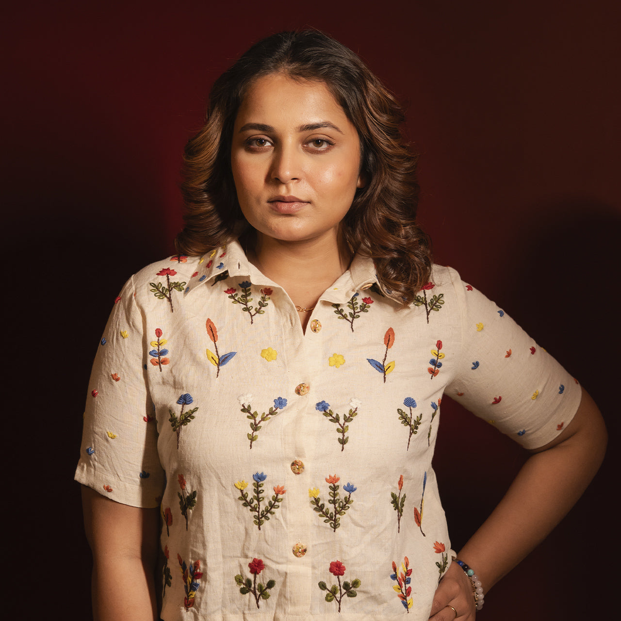 Womens Floral Hand Embroidered Blouse Shirt
