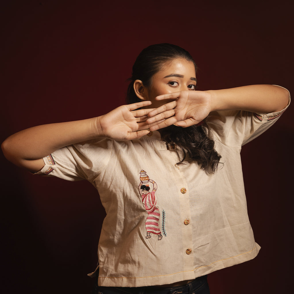 Cream Embroidered Womens Shirt Blouse