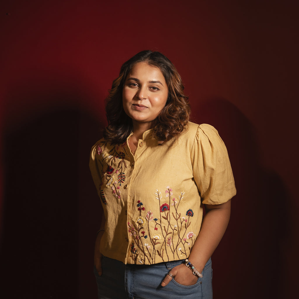 Mustard Floral Hand Embroidered Blouse Shirt